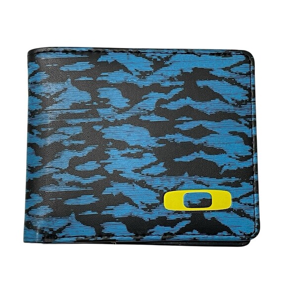 Oakley Dry Good Leather Bi-fold Wallet Black & Blue W/ Yellow Logo - Picture 1 of 3